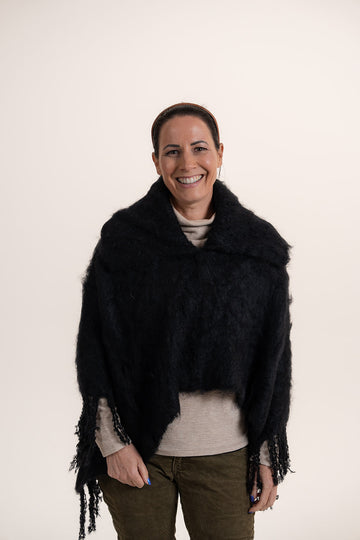 Brushed Mohair Poncho with Collar - Black - The Glamorous Goat